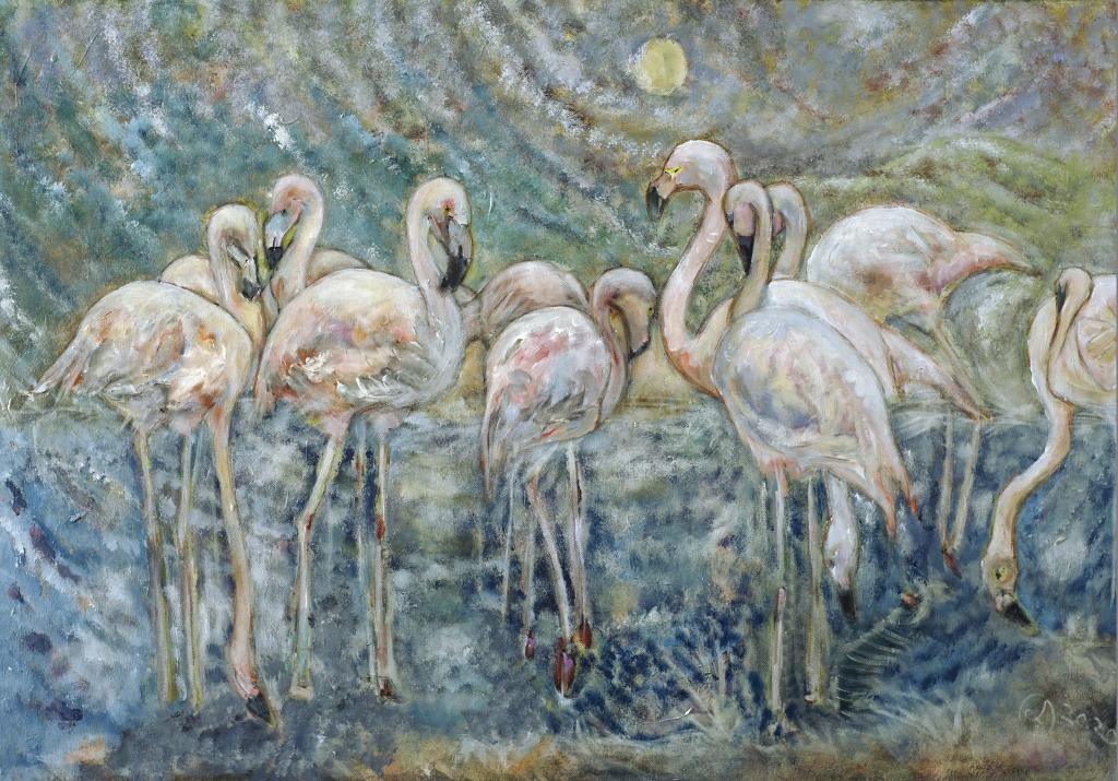 Twelve Flamingos - March 2020, 100 x 70 acrylics on canvas