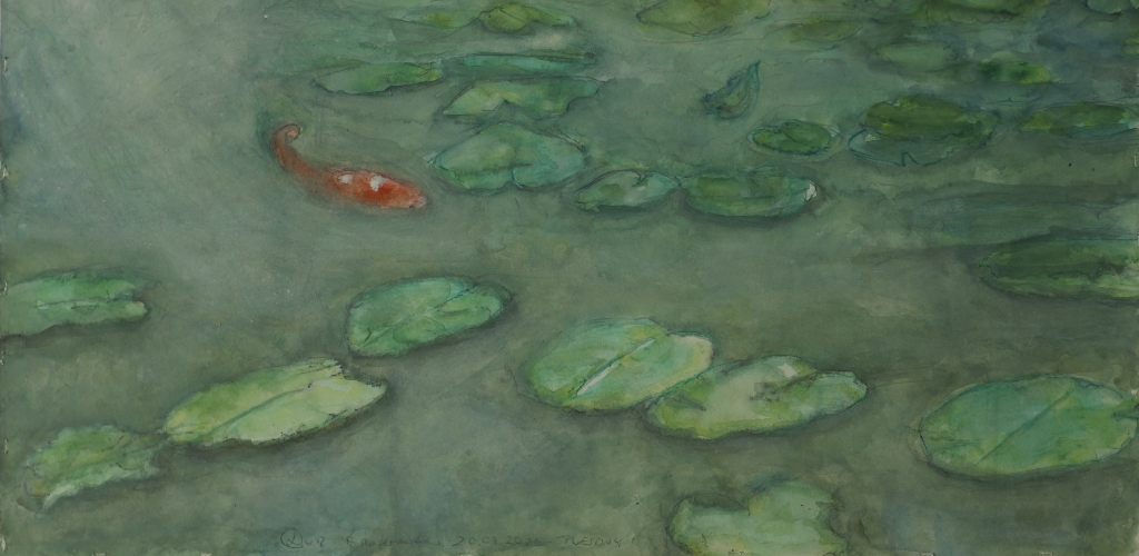 carp among waterlilies - September 2022, 100 x 50 cm, watercolour on paper