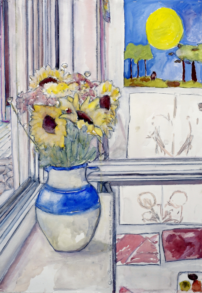 sunflowers, children's artwork, a wide open window - September 2022, 100 x 70 cm, watercolour on paper, mounted on plywood