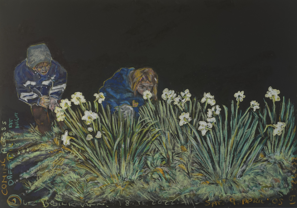 Among daffodils at night - November 2022, 100 x 70 cm, oil pastel on black cardboard